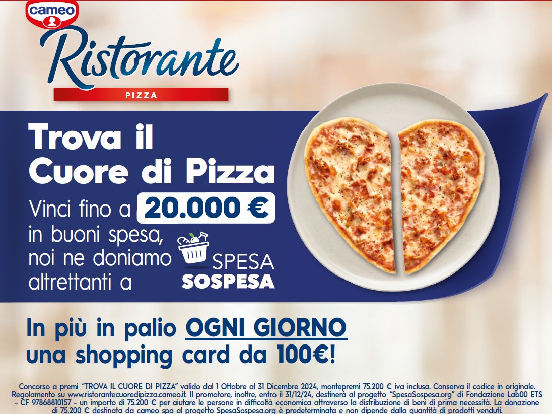 Cameo supporta SpesaSospesa.org e lancia il concorso 'Trova il Cuore di Pizza'