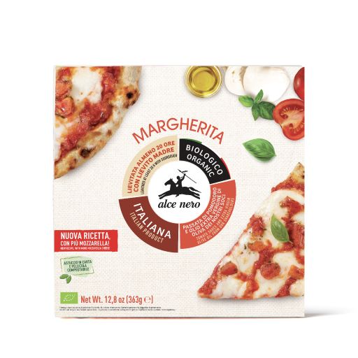 Nuova ricetta e nuovo packaging 100% riciclabile per la pizza Margherita biologica surgelata Alce Nero