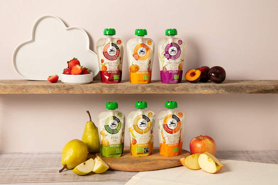 Alce Nero propone le puree biologiche dedicate ai piccoli, nel pratico formato doypack