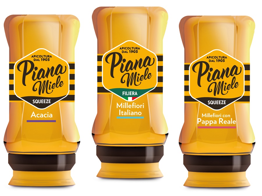 Formati in plastica riciclata R-Pet 50% per Apicoltura Piana che presenta la nuova linea Squeeze anche al gusto Millefiori e Pappa Reale